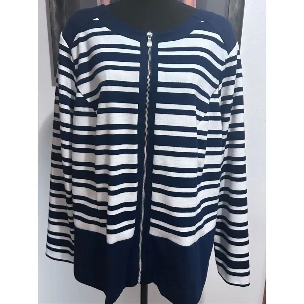 Avenue Navy & White Nautical Overlay Zip Up Cardigan Jacket Size18/20